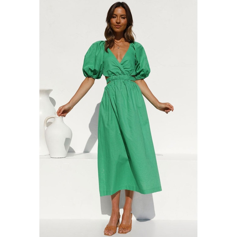 Lucca Green Cotton Linen Cut Out Puff Sleeve Midi Dress Womens Medium LCD2494